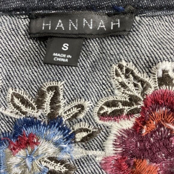 Hannah‎ Jean Jacket Womens Small Black Denim Floral Embroidered Button Down - Picture 3 of 15